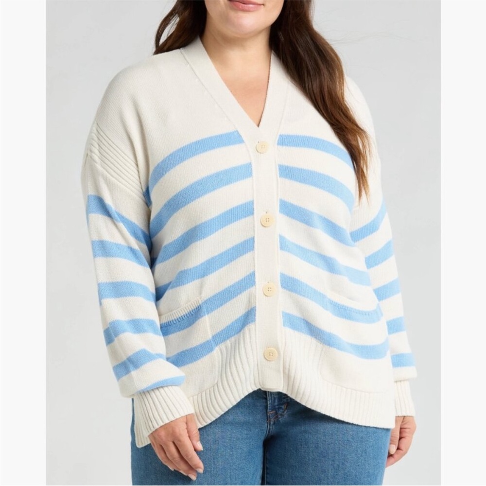 NEW Madewell Cotton Blend Blue Striped Cardigan Size L